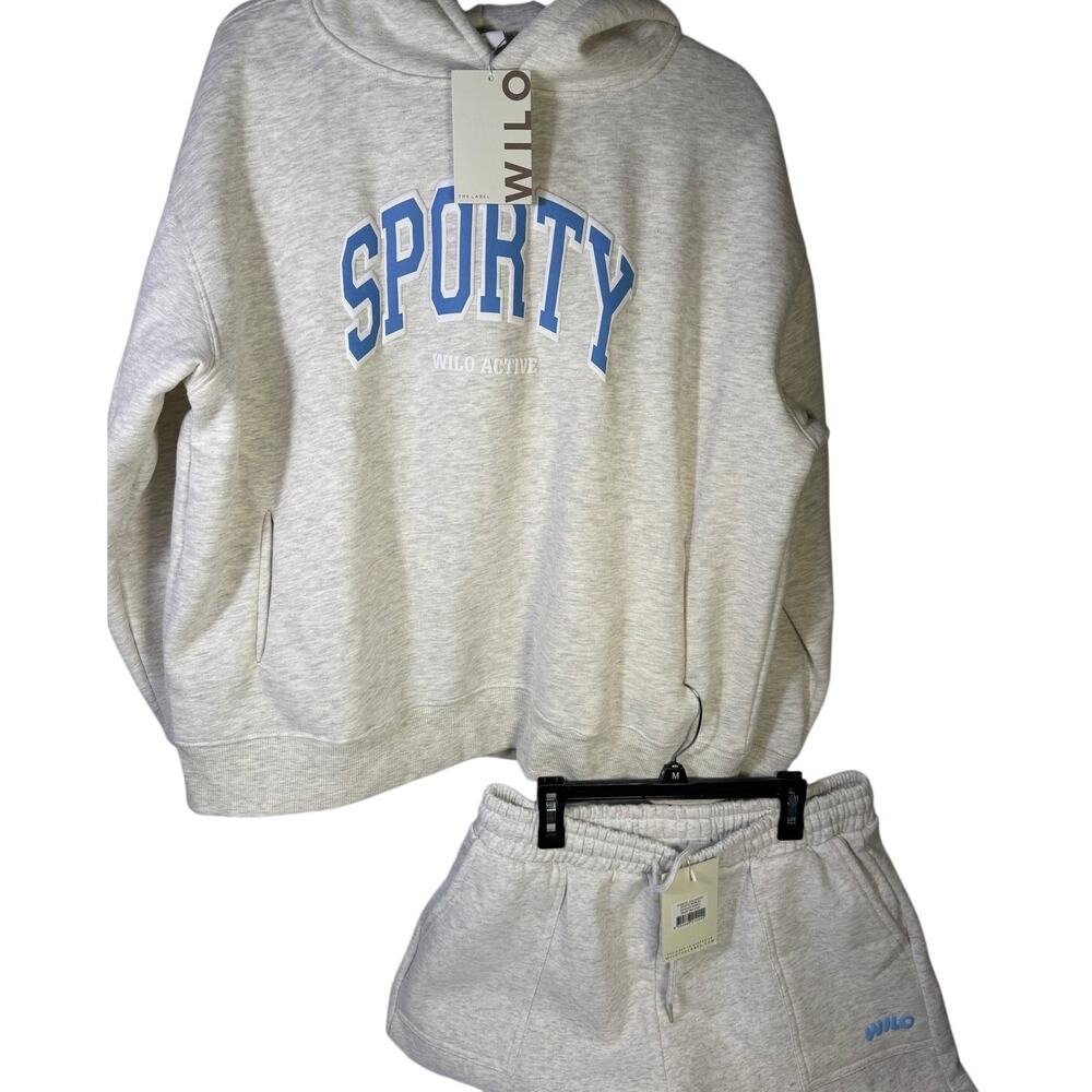 WILO The Label Women’s 2-Piece Hoodie Shorts Set White Marle Blue L NWT
